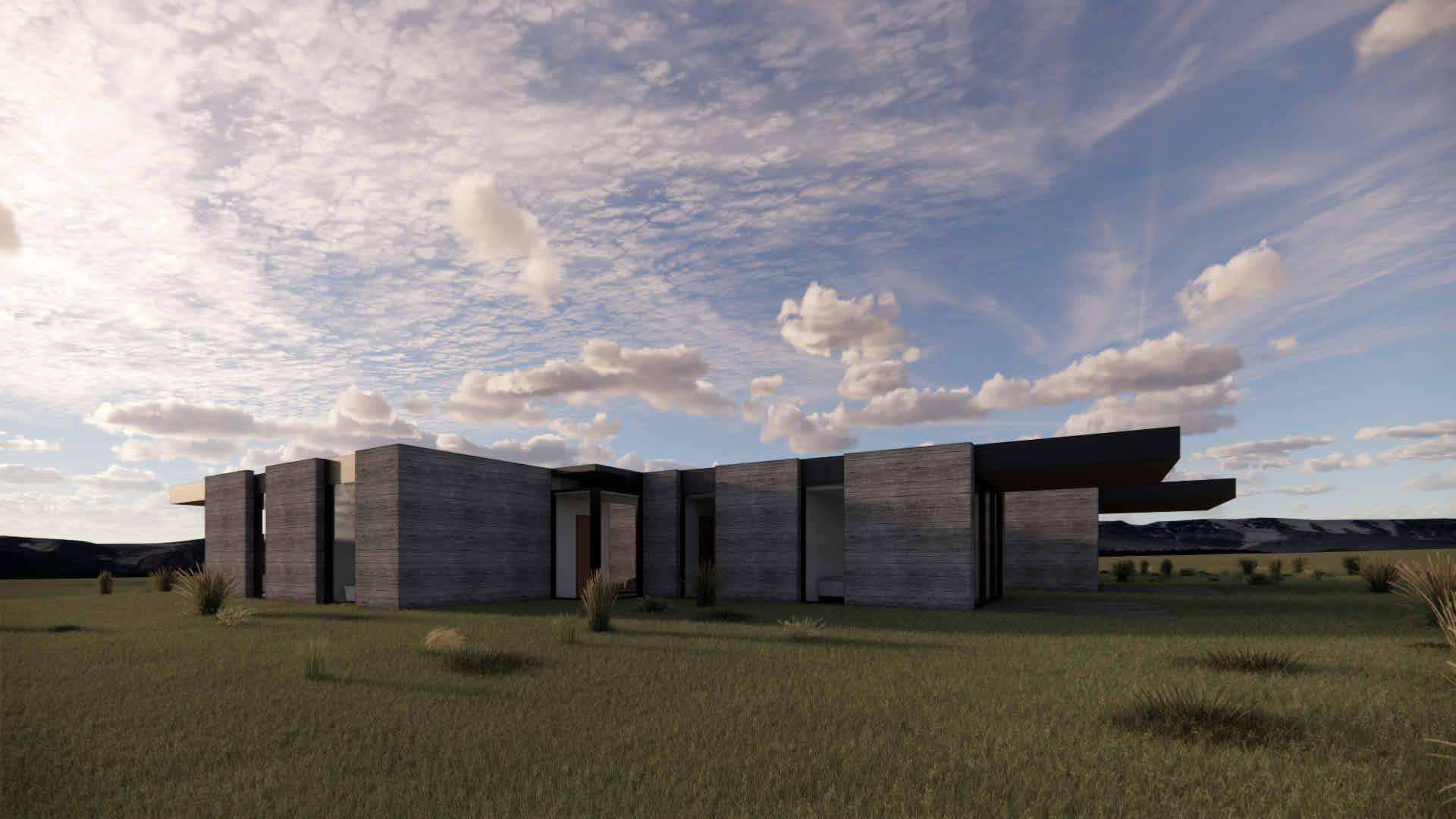 Crown H — board-form concrete massing at dusk, KLIMA Architecture, Star Valley, Idaho