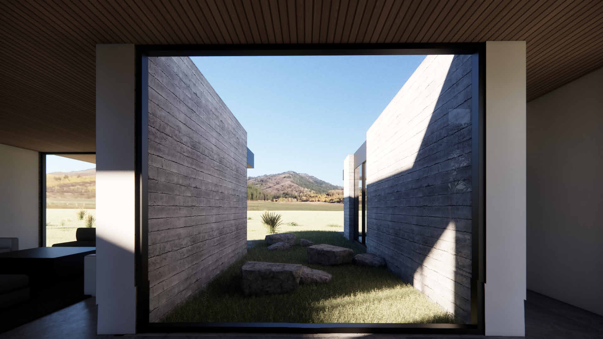 Crown H — framed courtyard view through floor-to-ceiling glass