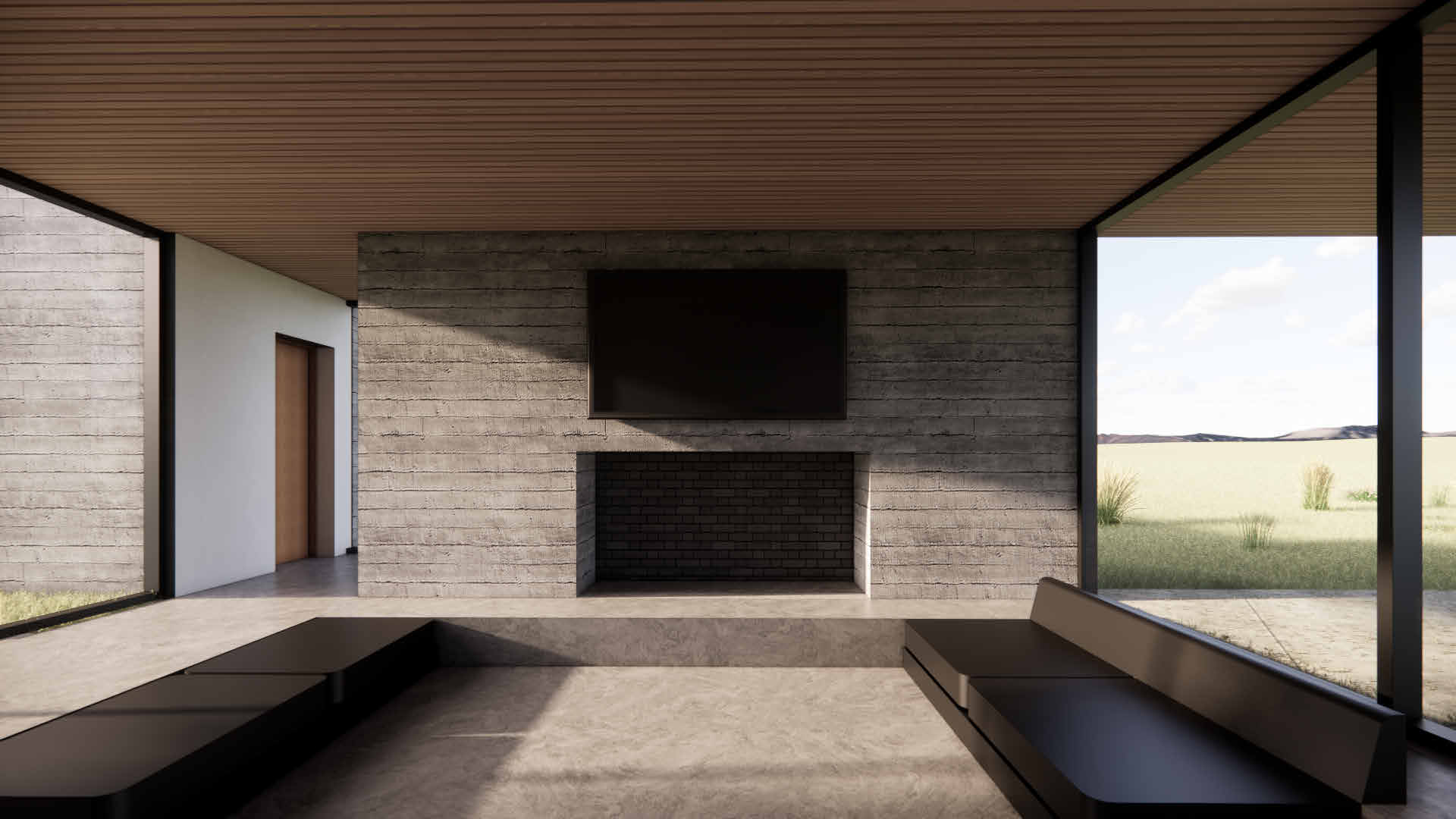Crown H — 360-degree board-form concrete fireplace wall in the living room