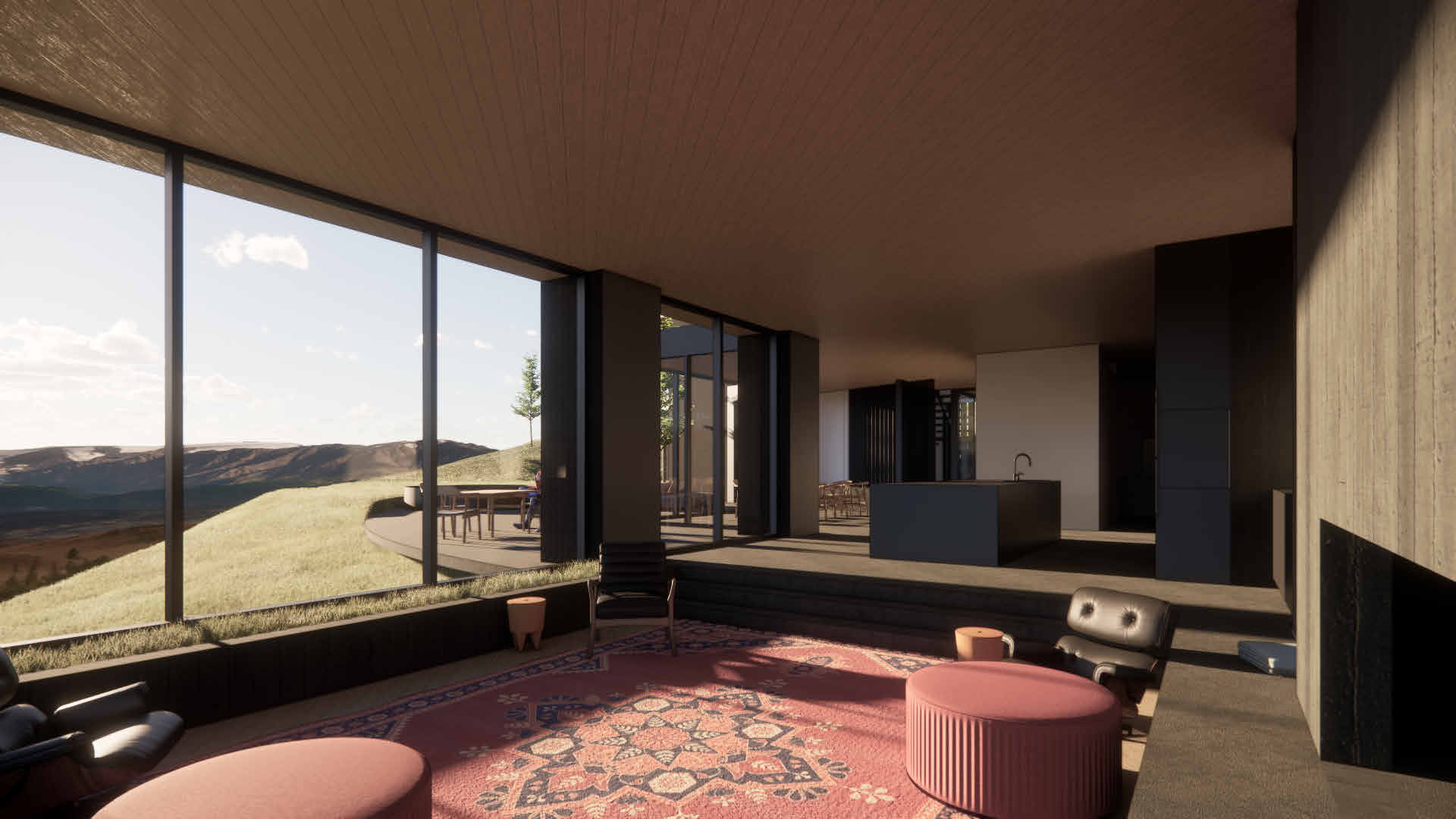 Oly Cove — great room with canyon view through the glass wall