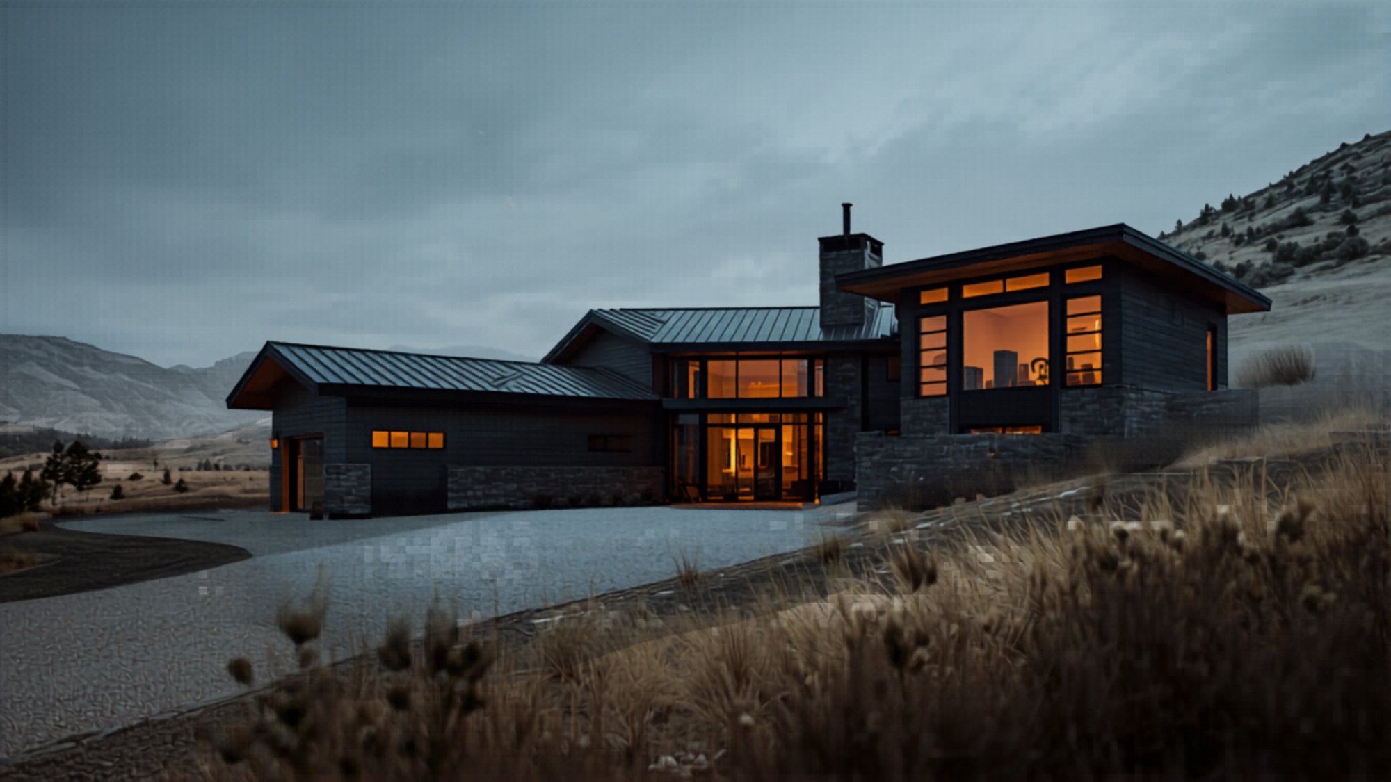 A mountain modern home at dusk, warm light behind the glass, hillside grasses in the foreground