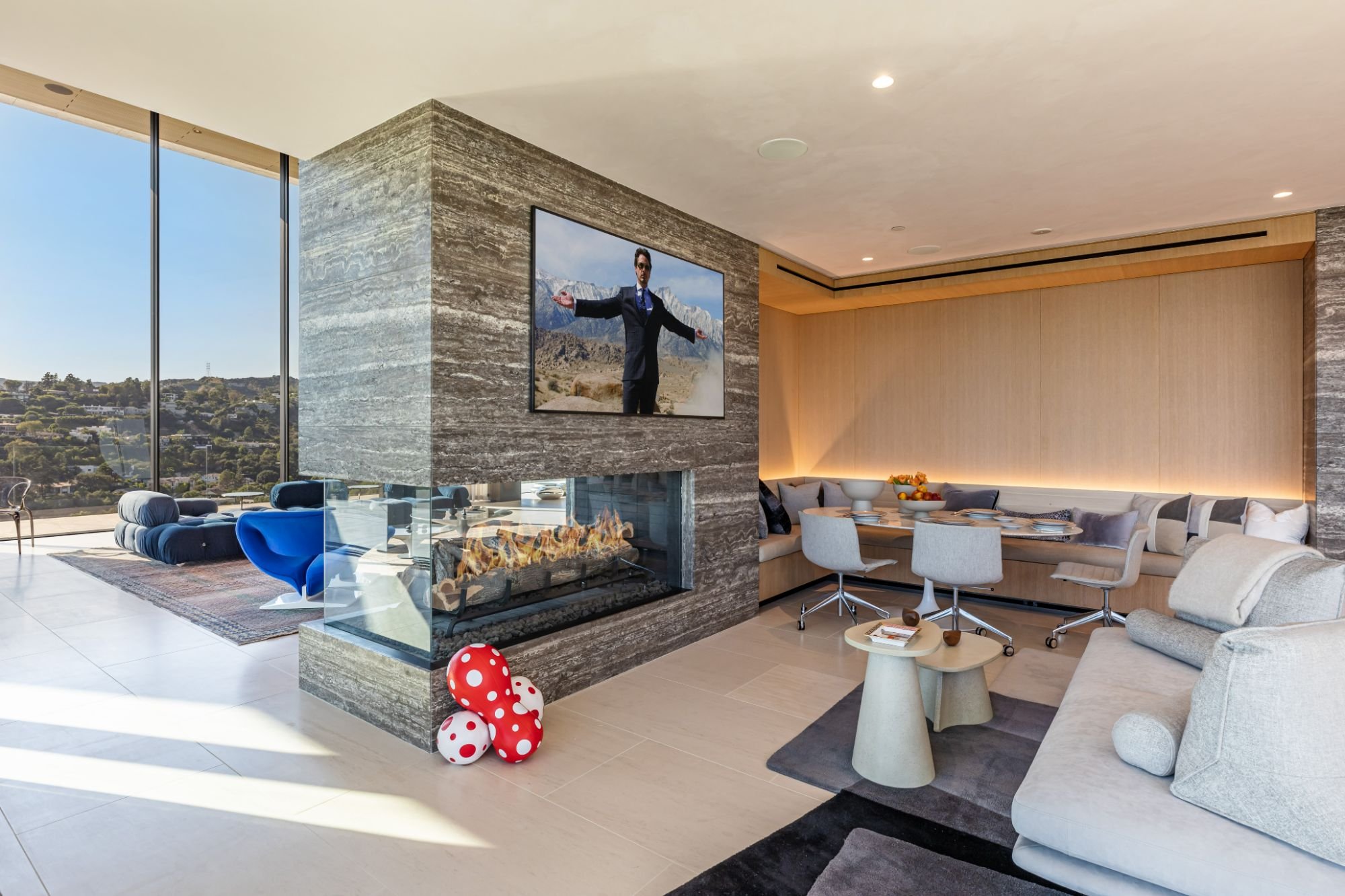 The Getty House — 684Firth Brentwood CA LA Great Room Stone Fireplace Breakfast Nook Floor to Ceiling Glass Ocean View  Modern H