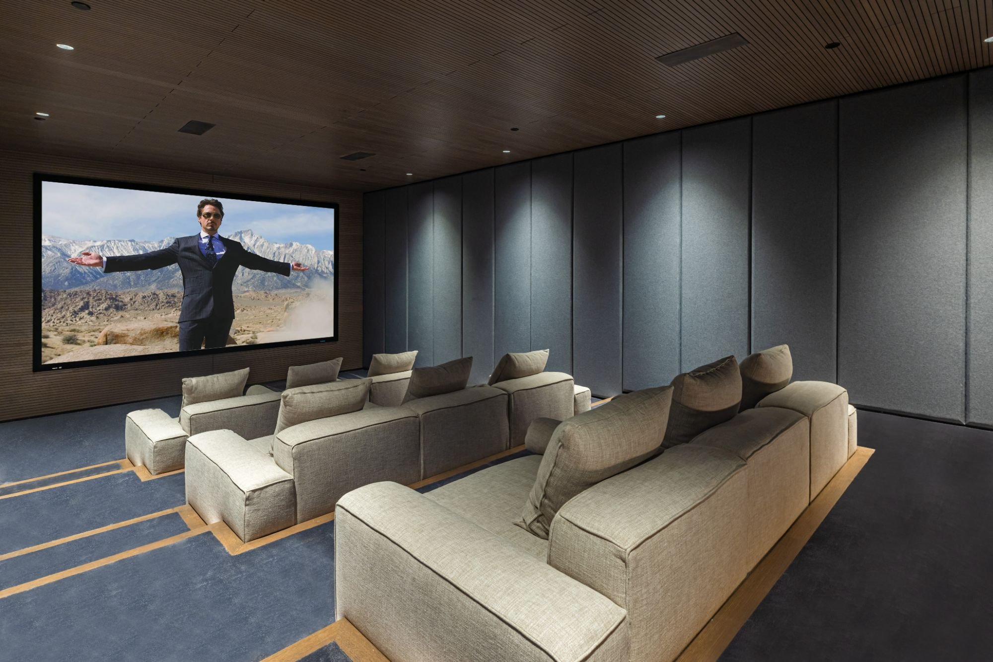 The Getty House — 684Firth Brentwood CA LA Home Theater Acoustic Panel Walls Tiered Seating Wide Screen  Modern Home