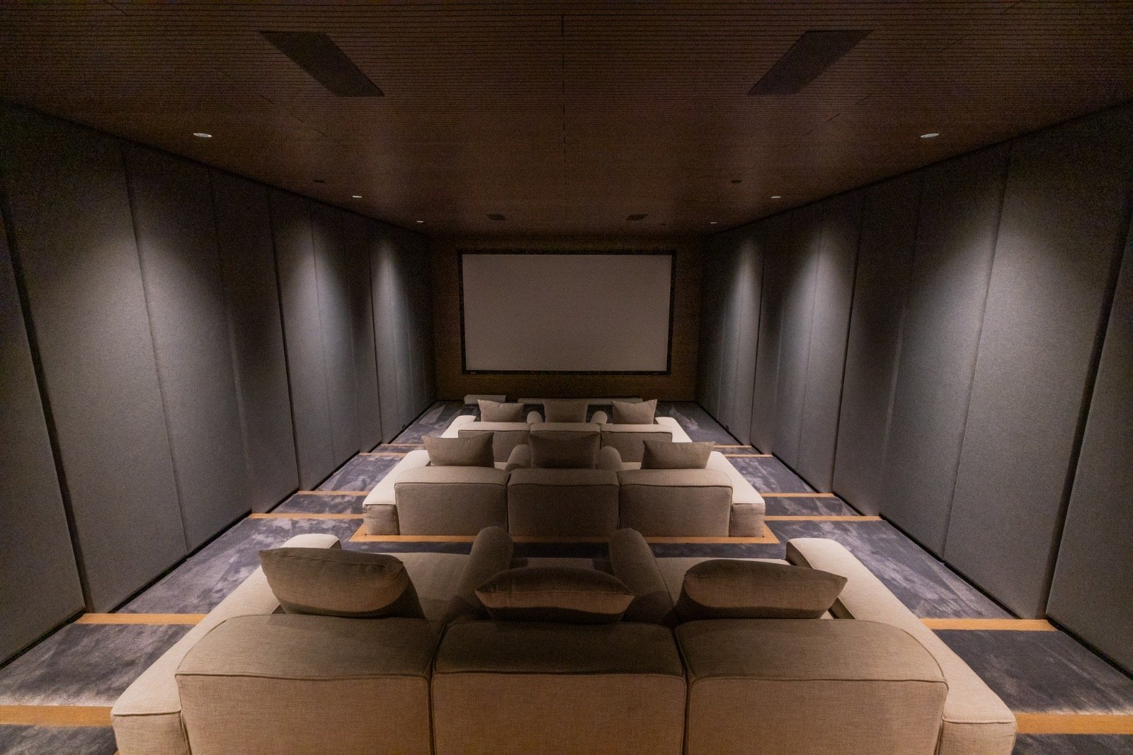 The Getty House — 684Firth Brentwood CA LA Home Theater Acoustic Walls Tiered Seating Cinema Screen Wood Ceiling  Modern Home
