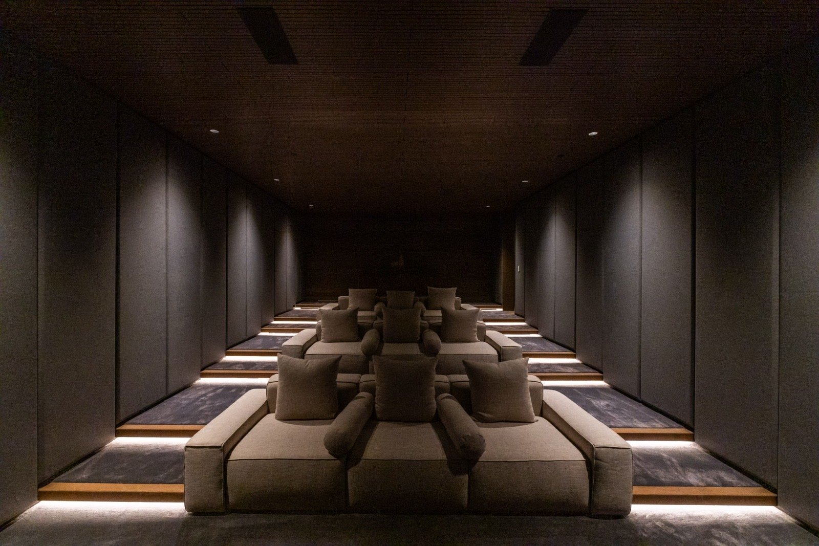 The Getty House — 684Firth Brentwood CA LA Home Theater Tiered Seating Acoustic Walls Sound Panel Wood Ceiling  Modern Home