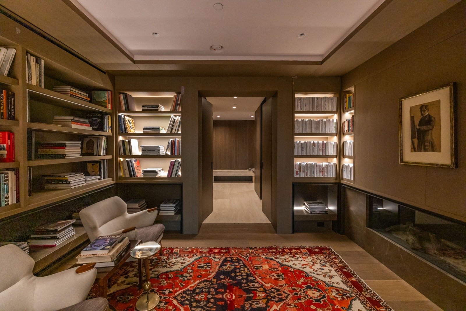 The Getty House — 684Firth Brentwood CA LA Library Reading Room Built in Bookcases Turkish Rug Modern Fireplace  Modern Home