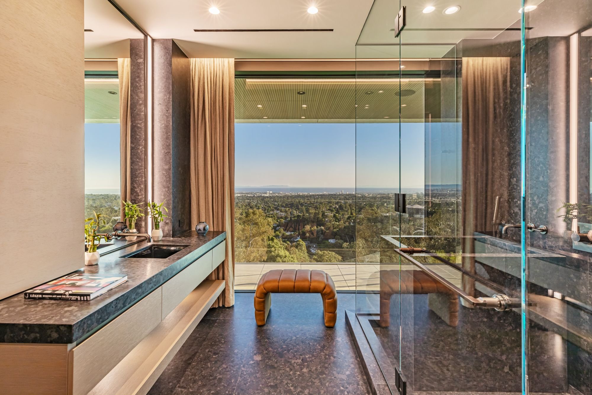 The Getty House — 684Firth Brentwood CA LA Master Bathroom Ocean View Glass Shower Stone Flooring Floating Vanity  Modern Home