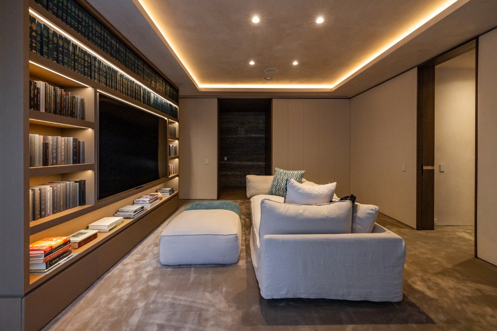 The Getty House — 684Firth Brentwood CA LA Media Room Built in Shelving Illuminated Ceiling Recessed TV Modern Sofa  Modern Home