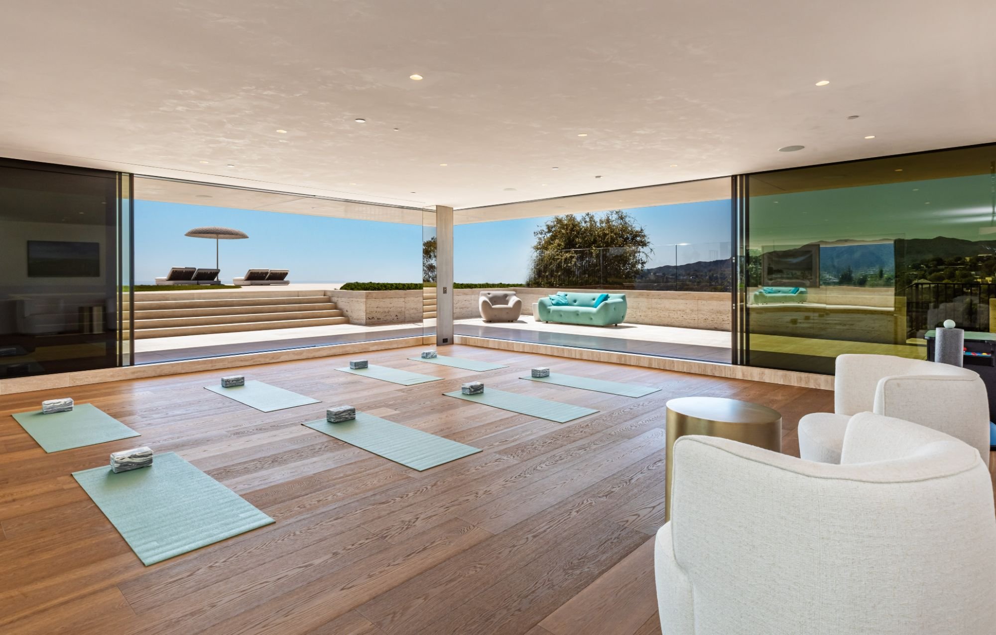 The Getty House — 684Firth Brentwood CA LA Yoga Studio Gym Retracting Glass Doors Hardwood Flooring Ocean View  Modern Home