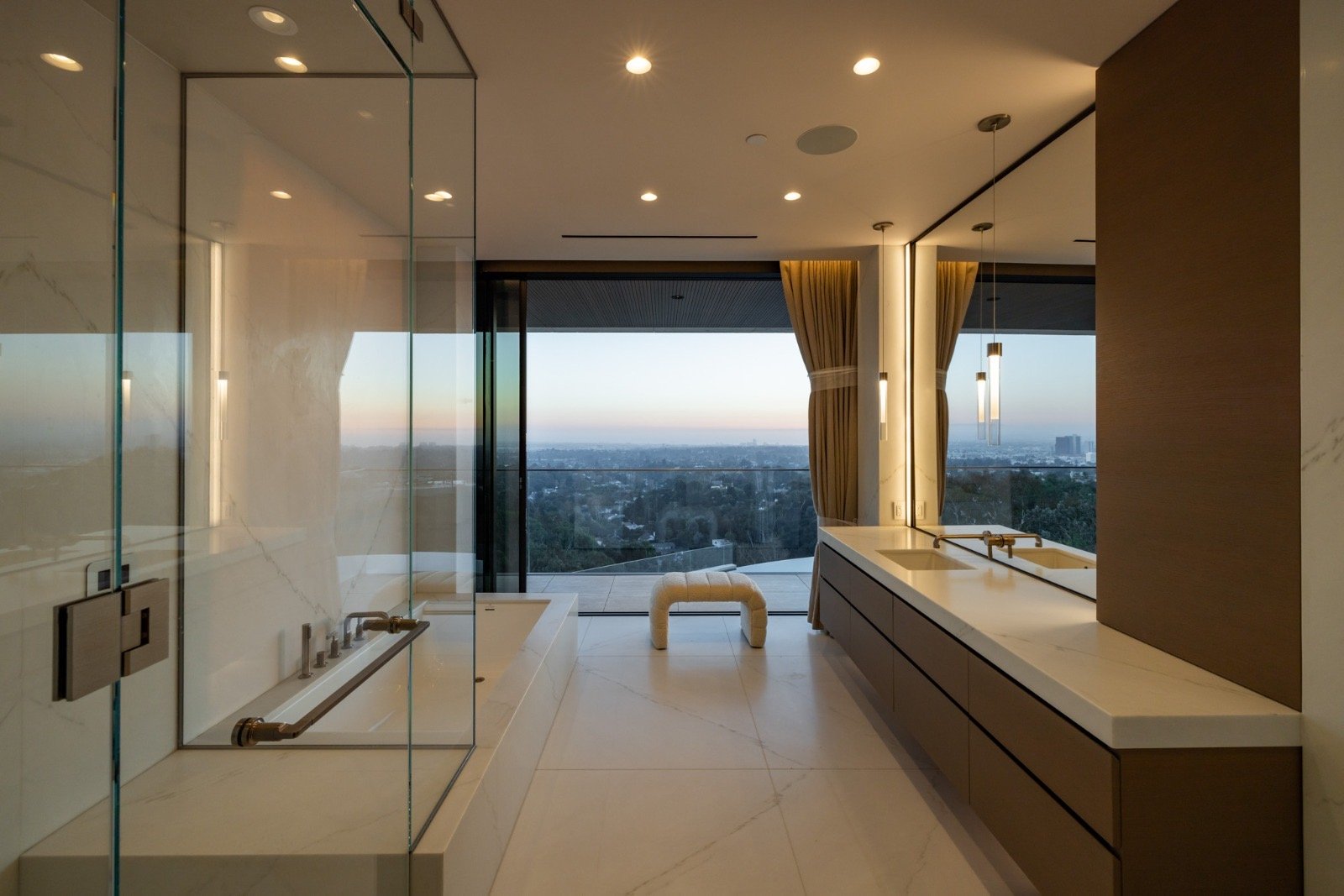 Getty House — master bathroom with freestanding tub and city view