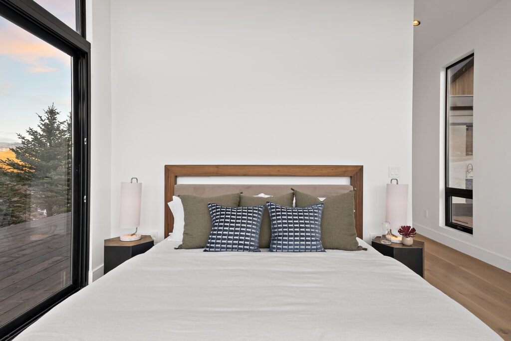 Icon Haus — Icon House Benloch Heber City Bedroom Wood Headboard Modern Nightstands Large Window View  Modern Custom