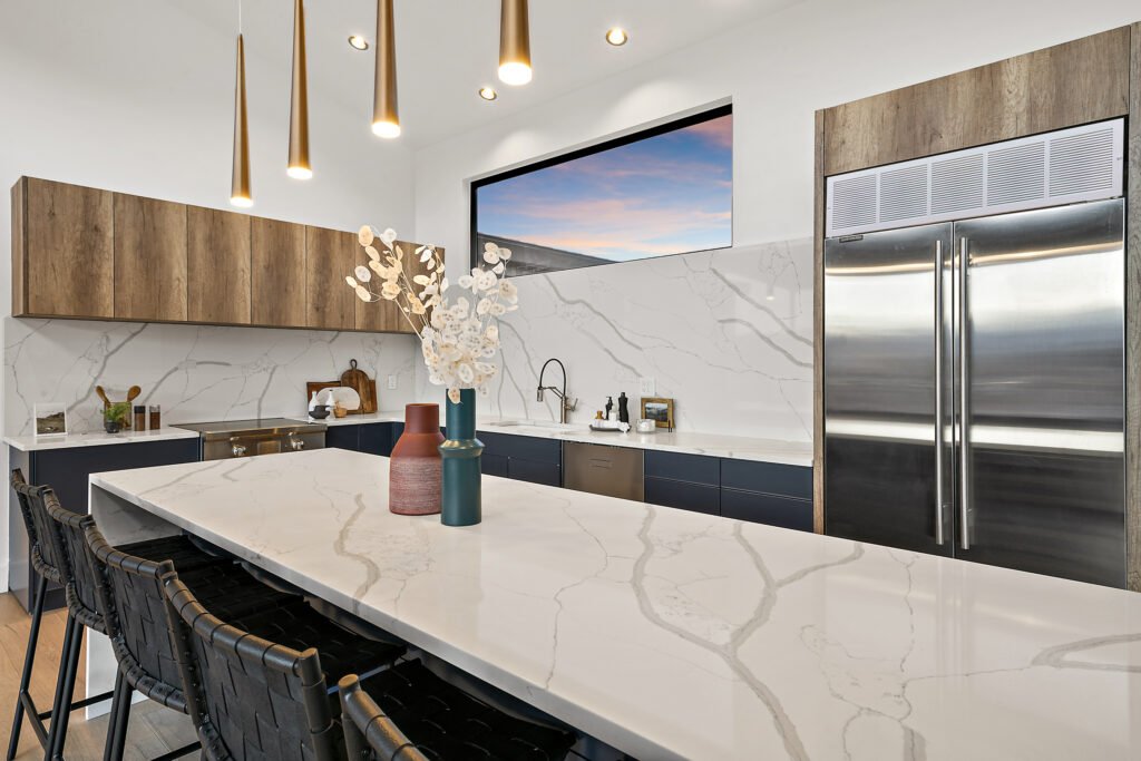Icon Haus — Icon House Benloch Heber City Kitchen Waterfall Island Marble Backsplash Stainless Fridge  Modern Custom