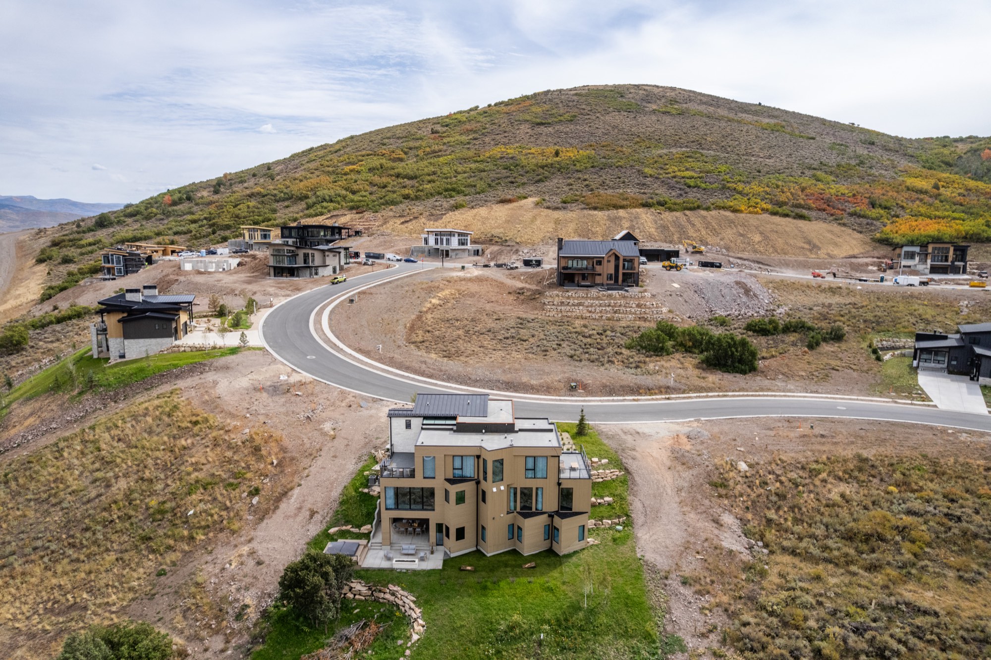 Aerial view of a Roderick Builders home on a hillside at Benloch Ranch, Heber Valley, Utah