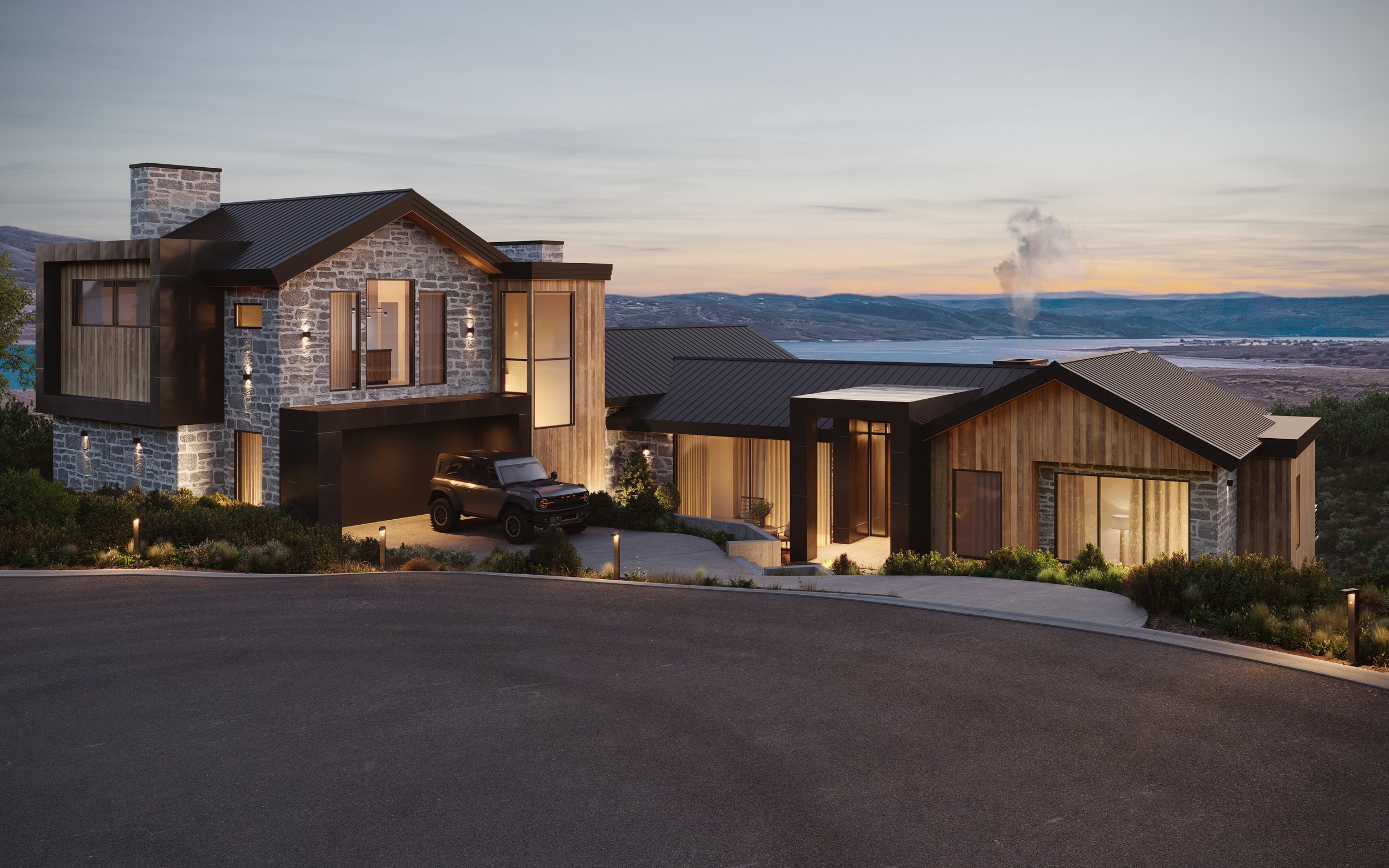 SkyRidge custom mountain home at dusk — Roderick Builders Utah