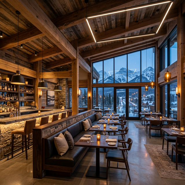Upscale mountain restaurant interior with timber beams