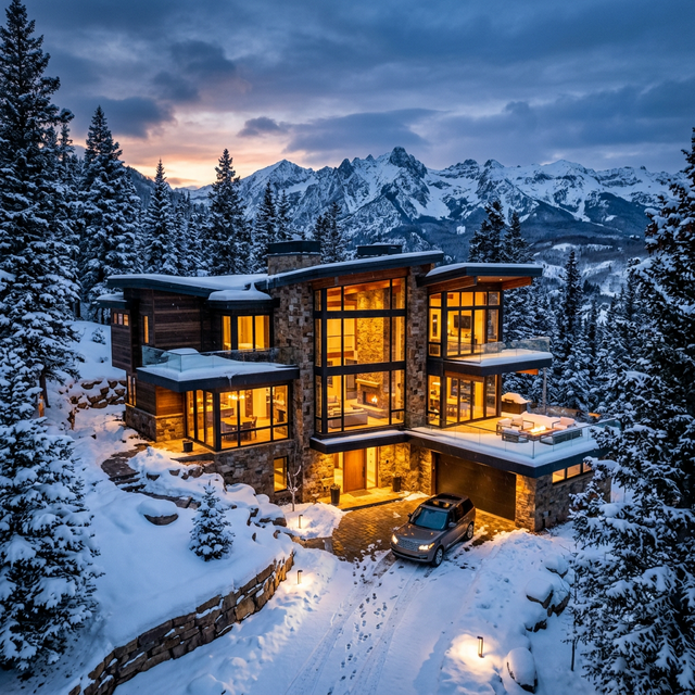 Mountain modern ski estate at dusk with snow-covered slopes